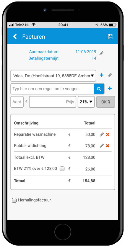 Facturen interface Servicemonteur 