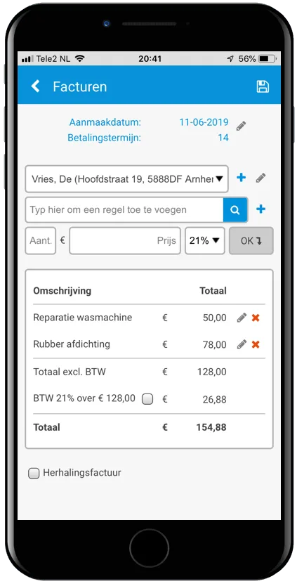 Facturen interface Servicemonteur 