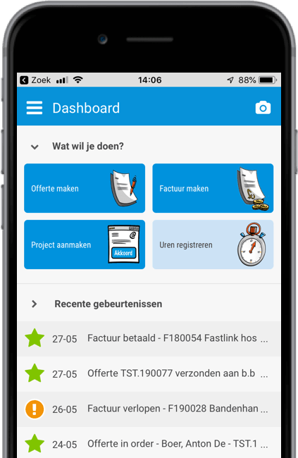 CannonWorks dashboard op mobiel met recente gebeurtenissen 