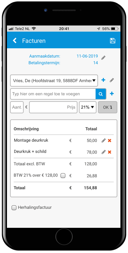 Overzicht van facturen op mobiele interface