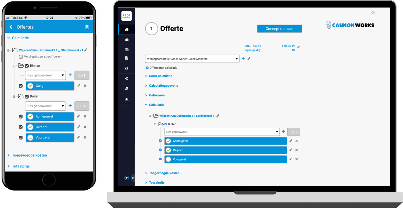 Offertes maken en specificatie met mogelijkheden op mobiel en laptop 