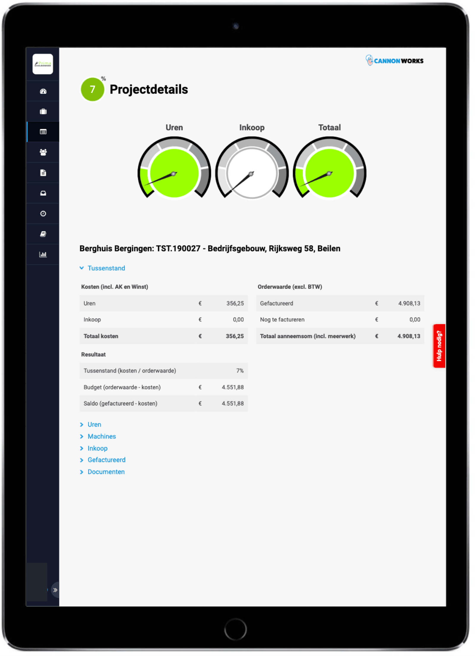 Projectdetails op iPad interface