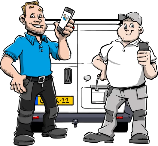 Schilder met telefoon in de hand 